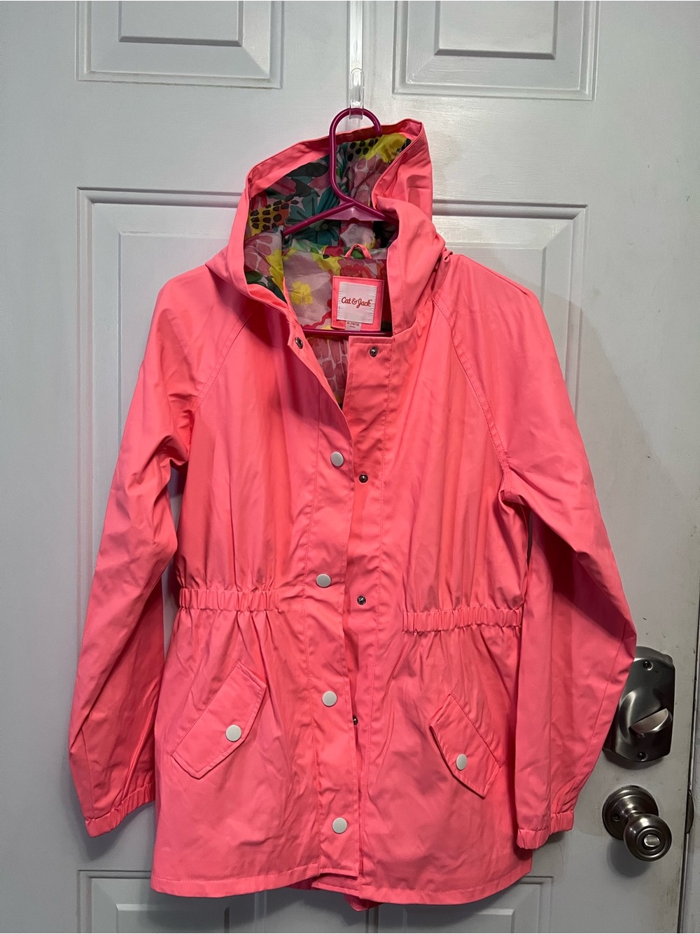 Cat & Jack Girls XL 14/16 Coral Pink Rain Jacket Floral Lined Hooded Windbreaker
